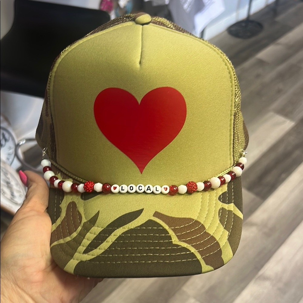 OTTO Heart Design Hat with Beaded Accent - Red and Brown